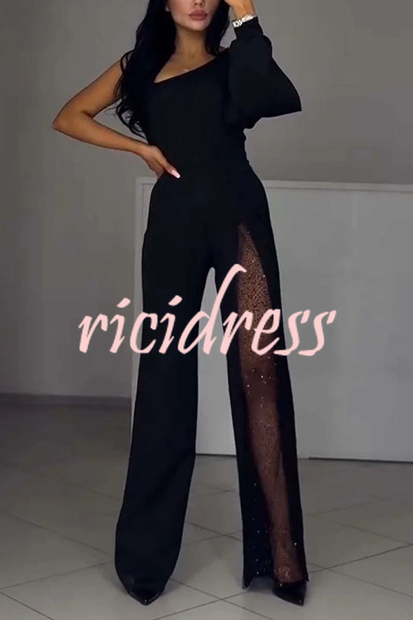 Fashionable Oblique Shoulder One-sleeve Sexy High Slit Slim Jumpsuit