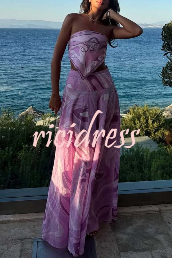 Nessie Satin Unique Print Scarf Tube Top and High Rise A-line Maxi Skirt Set