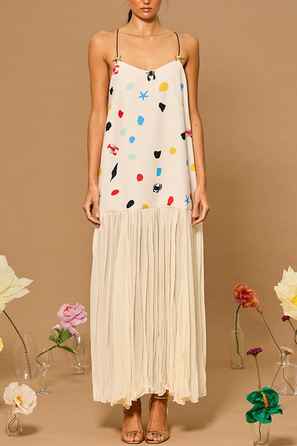 Ocean Dot Unique Print Starfish Metal Strap Pleated Chiffon Hem Maxi Dress