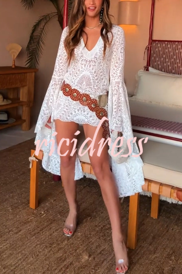 Coachella Time Unique Lace Pattern Oversized Bell Sleeve Stretch Mini Dress