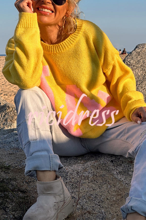 Letter Pattern Crew Neck Long Sleeve Loose Knit Sweater
