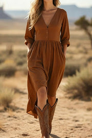 Solid Color V-neck Long-sleeved Loose Casual Midi Dress