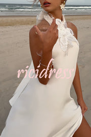 Floral Embellished Satin Halterneck Backless Resort Maxi Dress