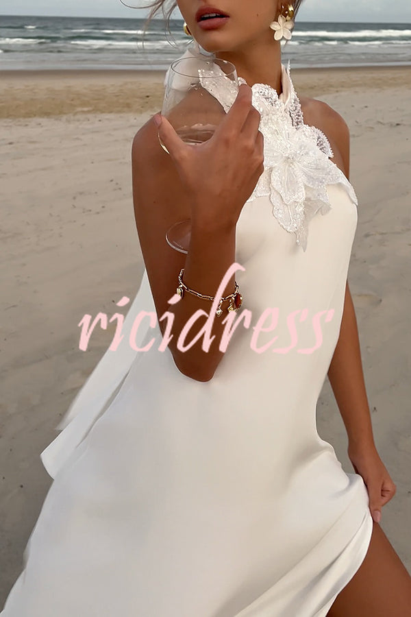 Floral Embellished Satin Halterneck Backless Resort Maxi Dress
