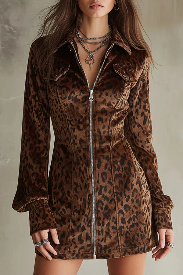 Stylish Leopard Print Suede Collar Zip-up Long-sleeved Slim-fit Mini Dress