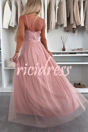 Solid Color Tulle Halter Back High Slit Maxi Dress