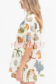 Beach Shell Print Short Sleeve Loose Shirt and Elastic Waist Tie Casual Pocket Shorts Set