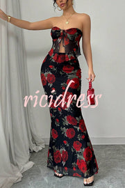 Floral Print Sexy Bandeau Lace-up Top and Slim Mesh Stretch Maxi Skirt Set