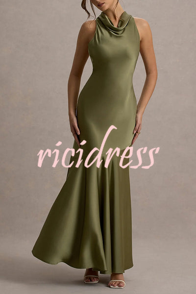 Timeless Sophistication Satin Cowl Detail Back Self-tie Halter Neck Maxi Dress