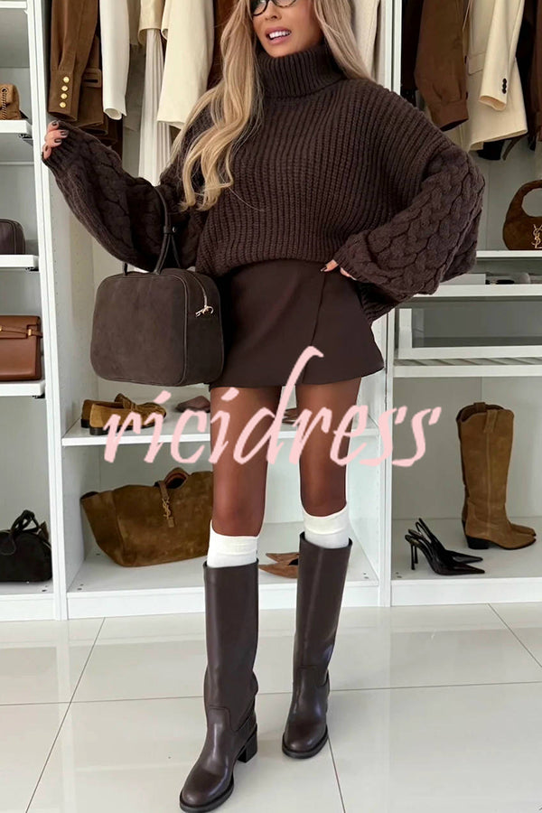 Stylish and Comfortable Ribbed Knit Turtleneck Cable Sleeve Loose Sweater