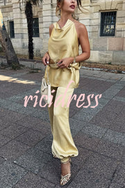 Satin Solid Pocket Loose Casual Pants