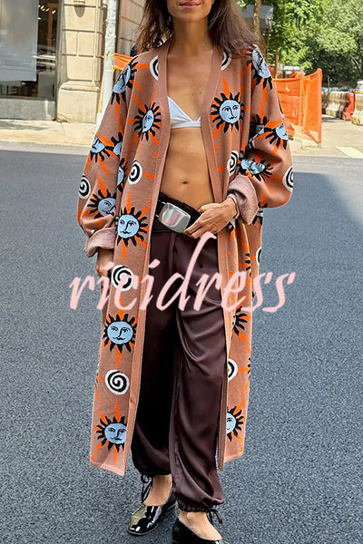 Mediterranean Art Knit Unique Sun Vortex Print Bell Sleeve Long Cardigan