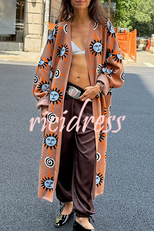 Mediterranean Art Knit Unique Sun Vortex Print Bell Sleeve Long Cardigan