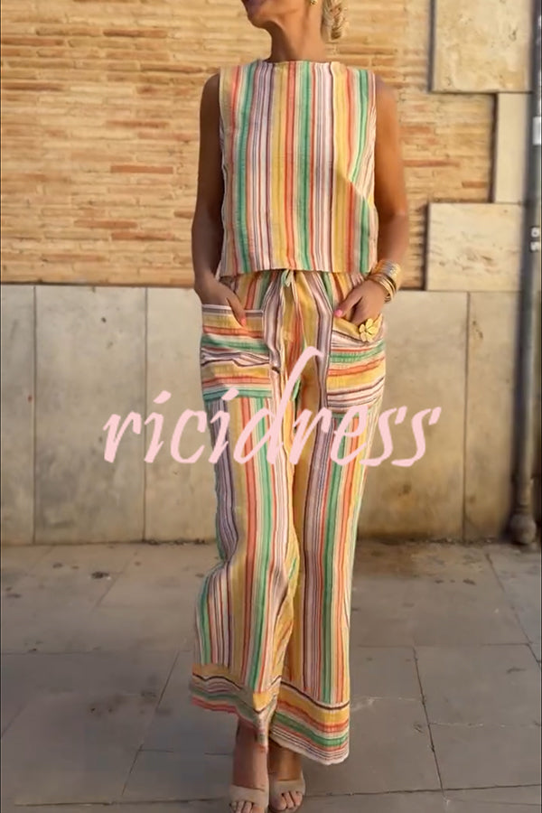 Tylah Linen Blend Colorful Striped Back Button Vest and Elastic Waist Pocket Loose Pants Set