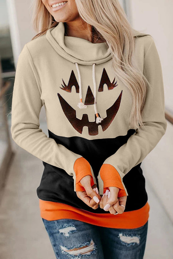 Halloween Pumpkin Print Long Sleeve Drawstring Hoodie