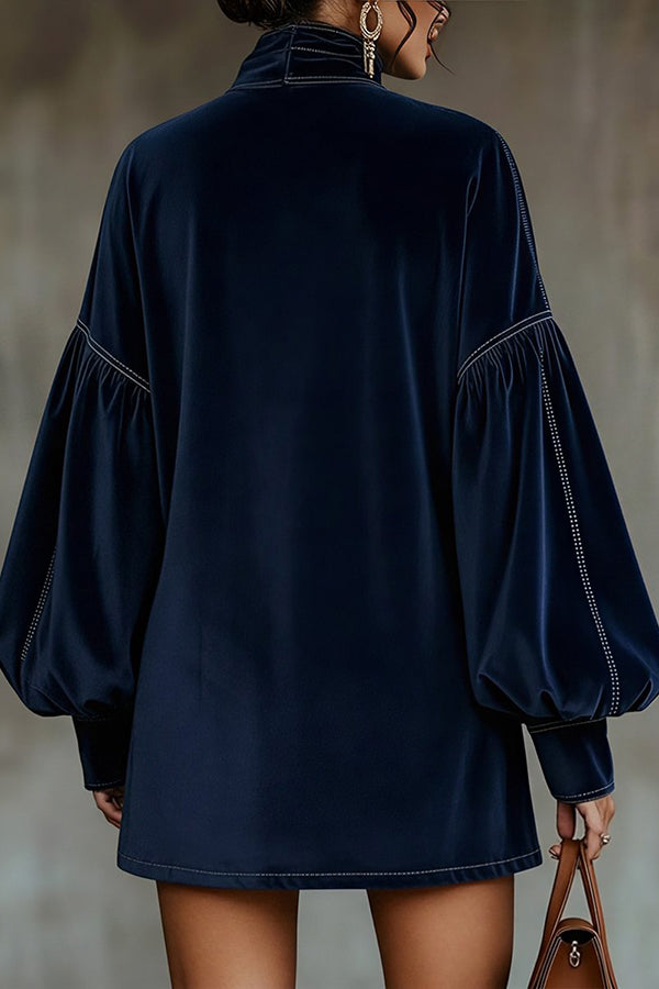 Solid Color Velvet Bow Tie Lantern Sleeve Loose Mini Dress