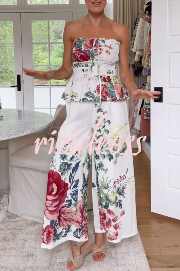 In To The Summer Linen Blend Floral Print Elastic Bandeau and Elastic Waist Pocket Loose Pants Set