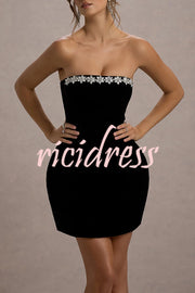 Effortlessly Elegant Velvet Jewel Embellished Trim Bandeau Mini Dress