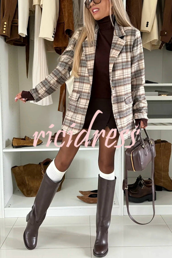 Classic Modern Plaid One Button Long Sleeve Flap Pocket Lapel Blazer
