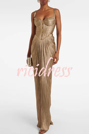 Vegas Queen Metallic Pleated Sculpted Bodice Back Lace-up Drape Maxi Dress