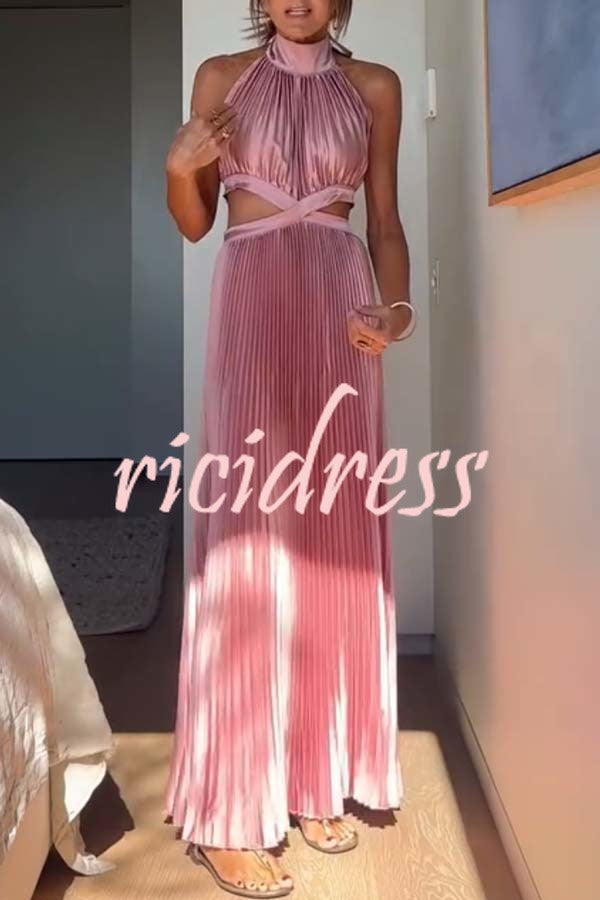 Stunning Choice Satin Pleated Halter High Neck Cutout Waist Backless Maxi Dress