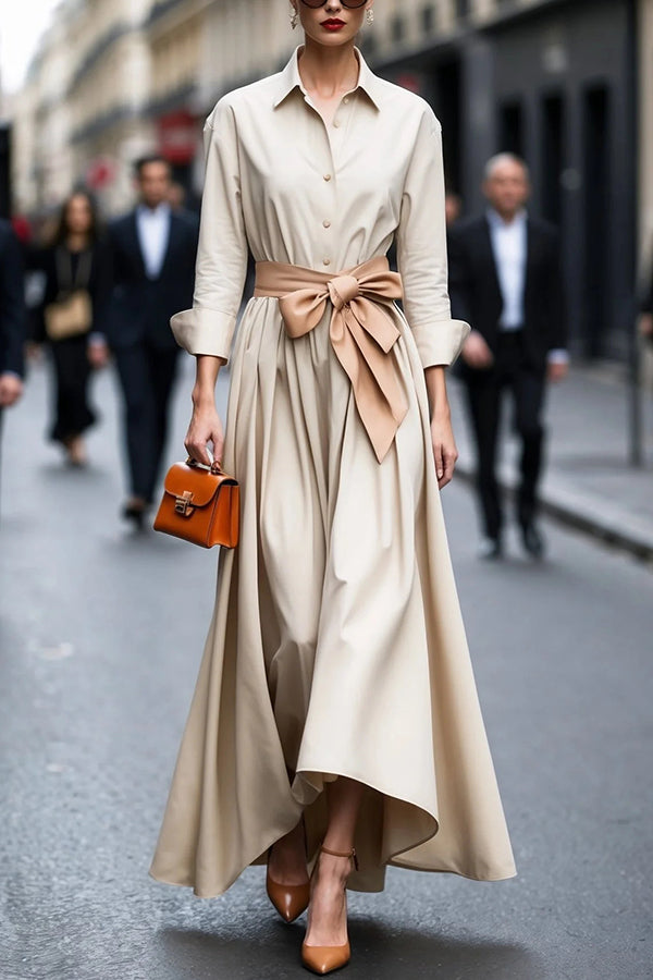 Solid Color Collared Long-sleeved Belted Shirt Style Elegant Maxi Dress