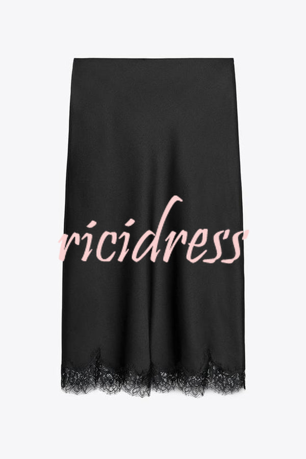 Dolly Satin Lace Trim Mid Rise Slit Drape Midi Skirt