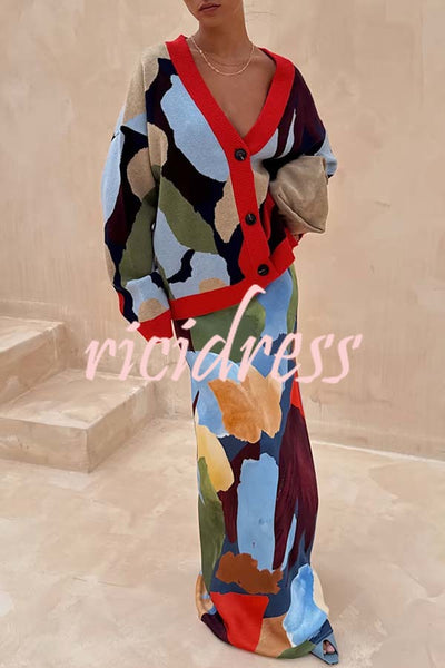 Bright and Bold Satin Abstract Color Blocks Print Elastic Waist Drape Maxi Skirt
