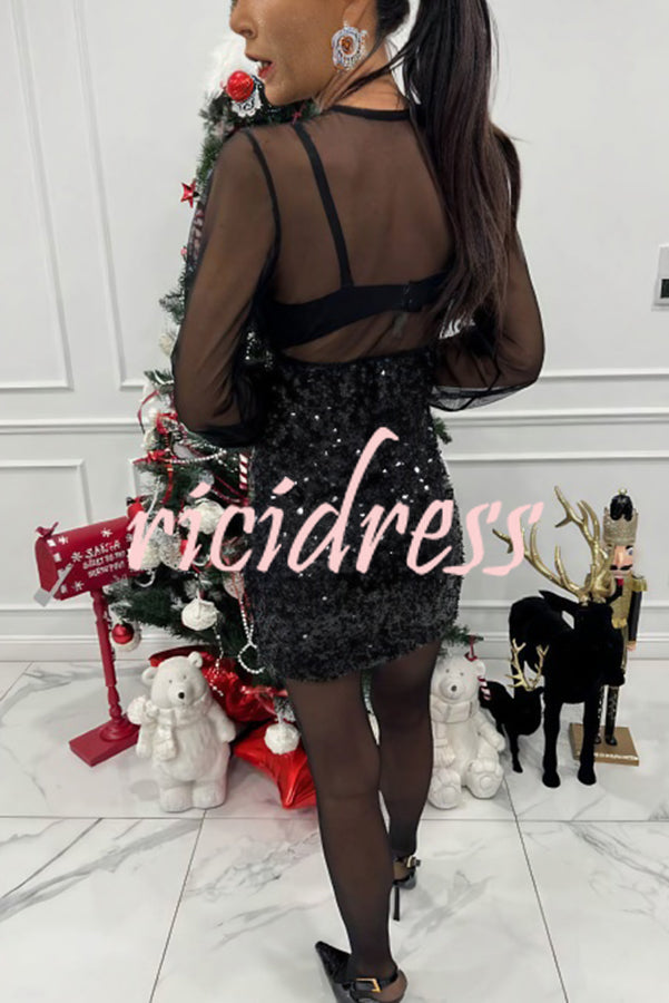 Whisper and Wine Sheer Tulle Sequin Patchwork V-neck Long Sleeve Mini Dress