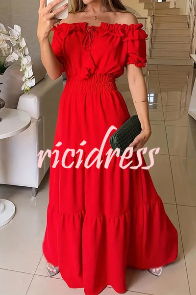 Admit Your Feelings Off Shoulder Smocked Waist Maxi Dress