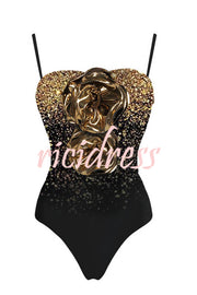 Ombre Sequin Print Metallic Fabric Flower Embellished Stretch One-piece Swimsuit