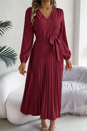 Solid Color Elegant V-neck Buttoned Lace-up Pleated Maxi Dress