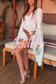 Coachella Time Unique Lace Pattern Oversized Bell Sleeve Stretch Mini Dress