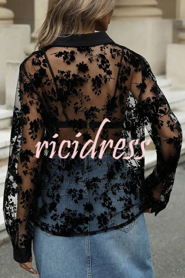 Fashion See-through Plant Lace Long Sleeve Loose Shirt