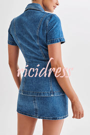 Modern Flavor Denim Short Sleeve Button Up Princess Seams Stretch Top