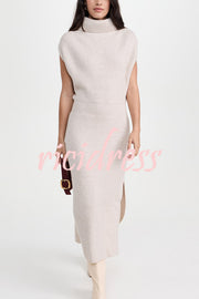 Solid Color Sleeveless Knitted Elegant Waist Midi Dress