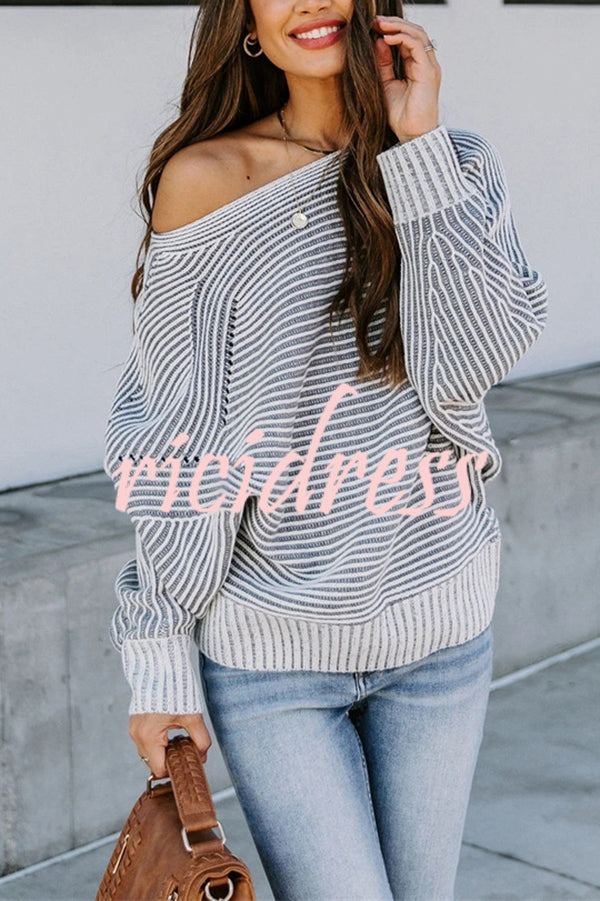 Knitted Striped Round Neck Dolman Sleeve Casual Loose Sweater