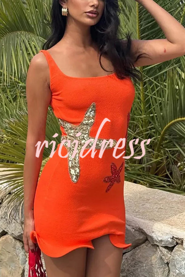 Beachside Dreams Starfish Sequin Wave Hem Stretch Tank Mini Dress