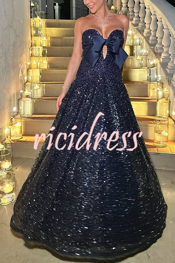 Sparkling Sky Sequin Satin Bow Detail Off Shoulder Prom Maxi Dress