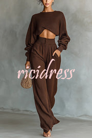 Solid Color Textured Fabric Round Neck Long-sleeved Top + High Waist Casual Pocket Wide-leg Pants Set