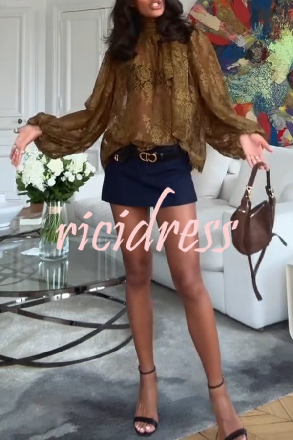 Reigna Semi-sheer Floral Lace Bow Neck Balloon Sleeve Loose Blouse
