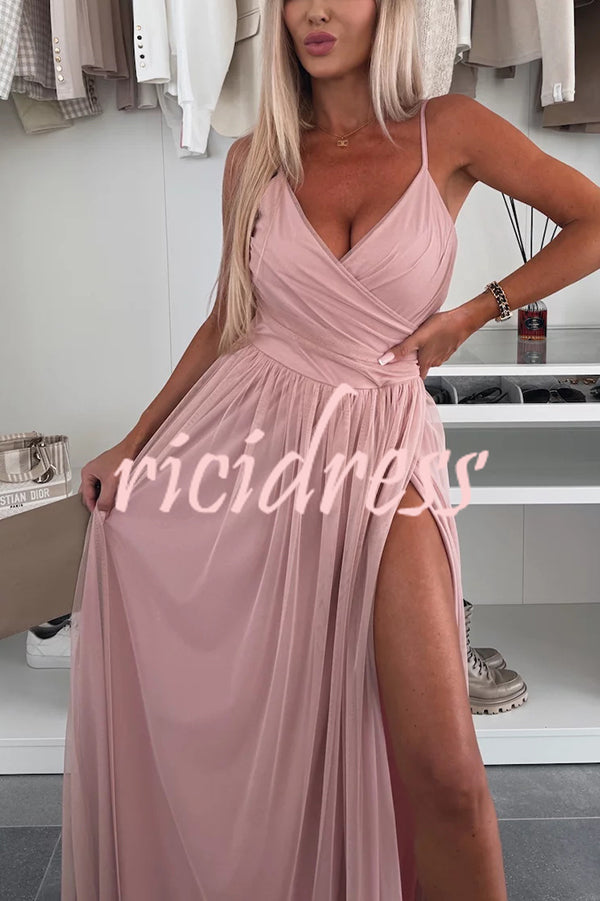 Solid Color Tulle Halter Back High Slit Maxi Dress