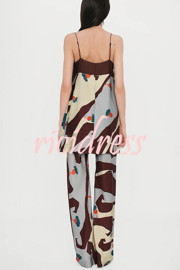 Loving Views Satin Unique Print a-line Tank and Elastic Waist Loose Pants Set
