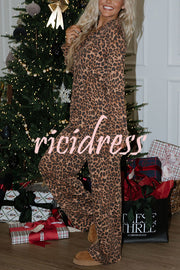Paige Ribbed Leopard Print Loose Shirt and Elastic Waist Pocketed Pajama Set