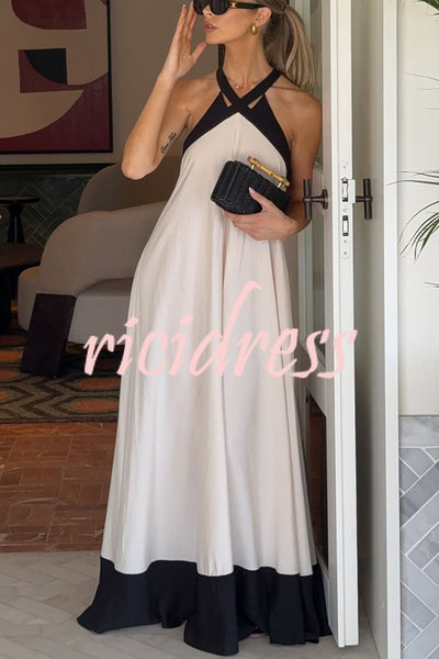 Nice and Classy Colorblock Cross Neck Pocketed A-line Maxi Dress