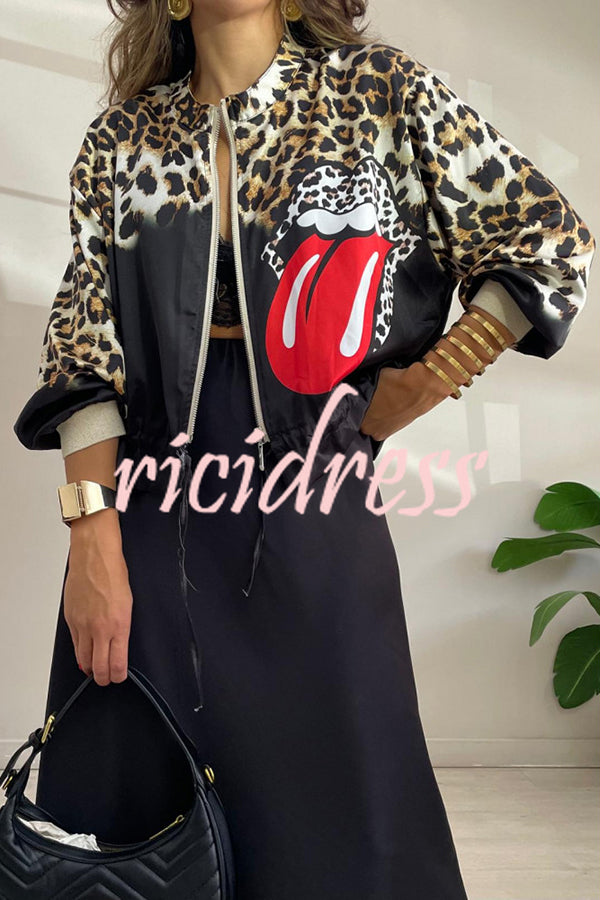 Shiloh Leopard Unique Print Zipper Drawstring Hem Bomber Jacket