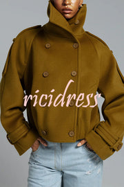 Ellie Epaulettes Stand Neck Double-Breasted Pocket Cropped Loose Woolen Coat