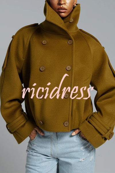 Ellie Epaulettes Stand Neck Double-Breasted Pocket Cropped Loose Woolen Coat