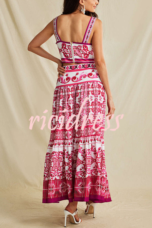 Unique Printed Sexy Sling Tank and Elastic Waist Large Hem Maxi Skirt Set