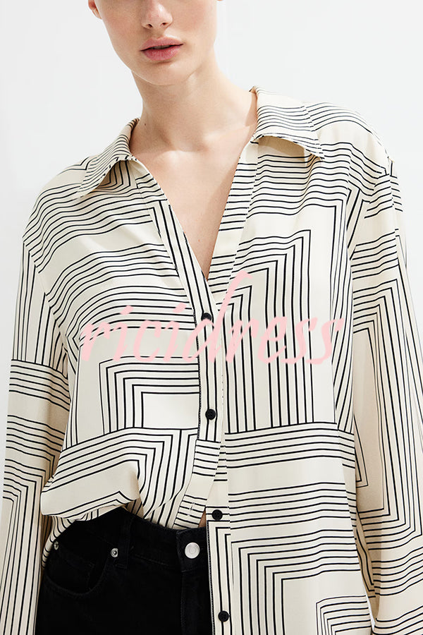 Unique Print Lapel Long Sleeve Loose Shirt and Elastic Waist Casual Pocket Wide Leg Pants Set